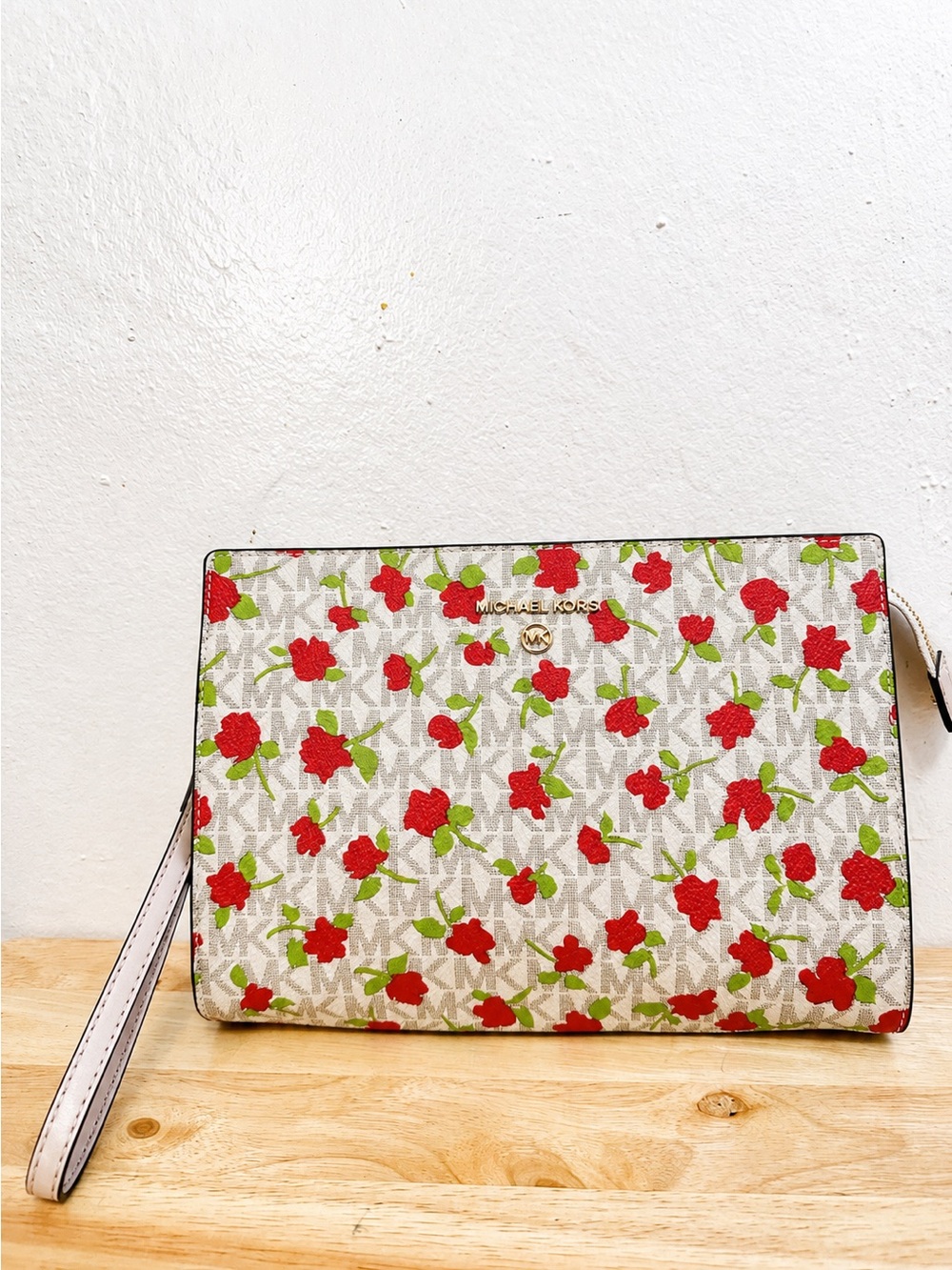 Michael Kors White Floral Logo Wristlet Clutch with Red and Green Accents